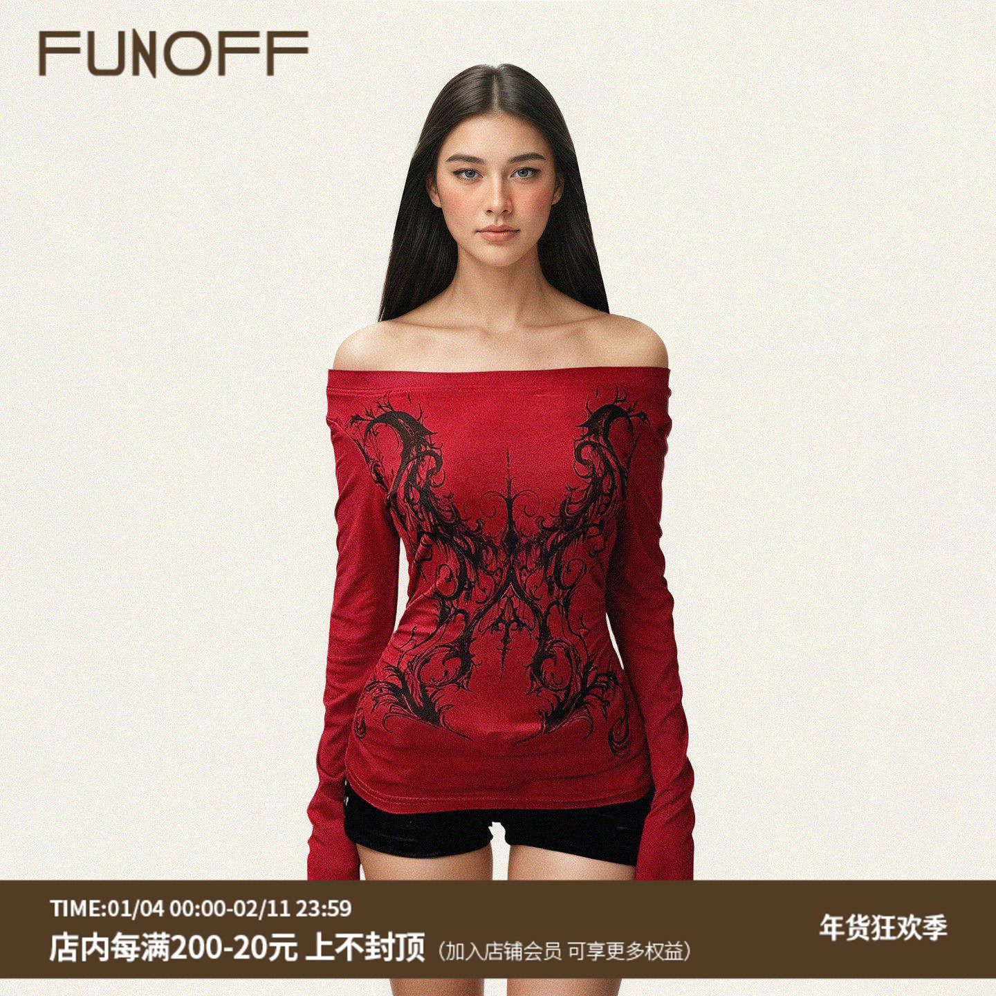 FUNOFF 复古暗黑风红色印花一字肩蕾丝长袖T恤万圣节小众收腰上衣,女装/女士精品,T恤,淘宝优惠券,粉丝福利购,淘宝优惠卷