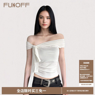 FUNOFF 简约白色一字肩绑带不规则T恤2025夏百搭黑色纯色收腰上衣
