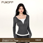 复古灰色纽扣撞色假两件长袖 FUNOFF 美式 T恤秋简约紫色收腰上衣女