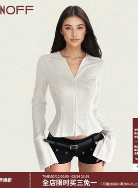 FUNOFF 美式复古白色拉链海军V领长袖衬衫秋简约弹力收腰T恤上衣