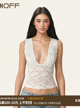 FUNOFF 法式复古白色蕾丝低胸吊带背心性感黑色透视露背内搭上衣