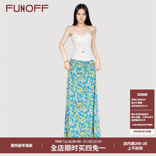 FUNOFF 女 度假风挂脖立体花朵串珠抽绳抹胸蓝色碎花半身长裙套装