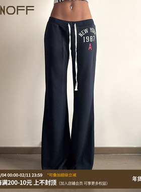 FUNOFF 美式复古深蓝色印花绑带低腰针织裤简约休闲直筒遛弯长裤
