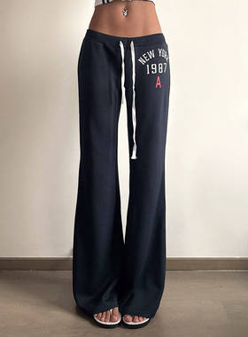 FUNOFF 美式复古深蓝色印花绑带低腰针织裤简约休闲直筒遛弯长裤