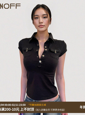 FUNOFF 美式复古黑色POLO领口袋短袖衬衫辣妹翻领收腰短袖T恤上衣