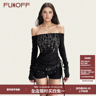 T恤亚文化暗黑收腰上衣 复古黑色十字架印花一字肩长袖 FUNOFF 美式