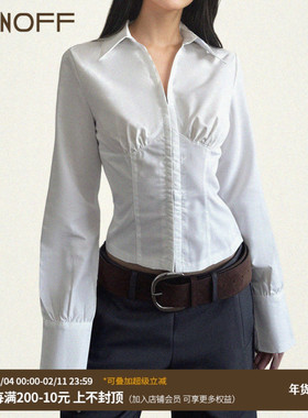 FUNOFF 美式简约白色勾扣腰封长袖衬衫2025秋冬翻领叠穿内搭上衣