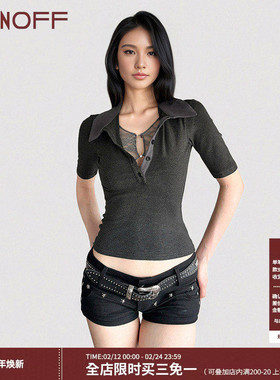 FUNOFF美式学院风灰色假两件蕾丝POLO领短袖衬衫复古收腰短袖上衣