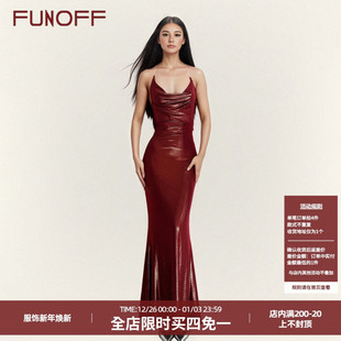 FUNOFF性感红色细闪荡领挂脖鱼尾连衣裙宴会生日露背包臀礼服长裙