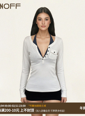 FUNOFF 美式复古白色撞色绑带真两件长袖T恤简约修身收腰上衣套装