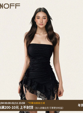 FUNOFF 复古黑色蕾丝不规则抹胸叠穿背心性感收腰飘带连衣超短裙