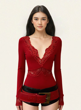 FUNOFF 美式复古红色蕾丝V领低胸长袖T恤性感透视修身收腰上衣女