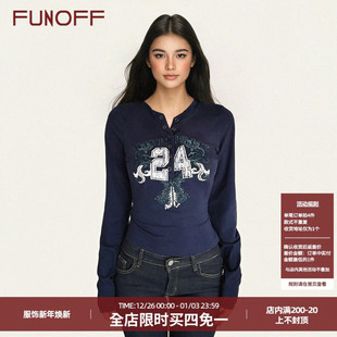 T恤内搭修身 复古深蓝色字母印花亨利领长袖 收腰上衣女 美式 FUNOFF