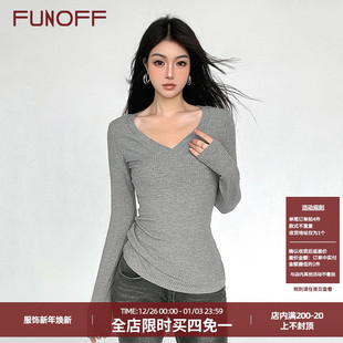T恤2025春秋收腰修身 针织打底衫 上衣 简约灰色基础V领长袖 FUNOFF