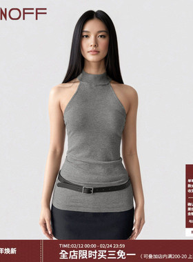 FUNOFF 复古miu系灰色高领无袖针织背心简约纯色性感收腰露背上衣