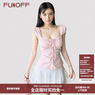 2025夏减龄少女感显瘦上衣 衬衫 FUNOFF法式 复古藕粉色绑带收腰短袖