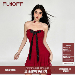 FUNOFF 性感复古红色蝴蝶结抹胸网纱蛋糕连衣裙飘带收腰party短裙