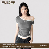 复古撞色斜肩刺绣短袖 FUNOFF 美式 T恤2025春夏街舞收腰露肩短上衣