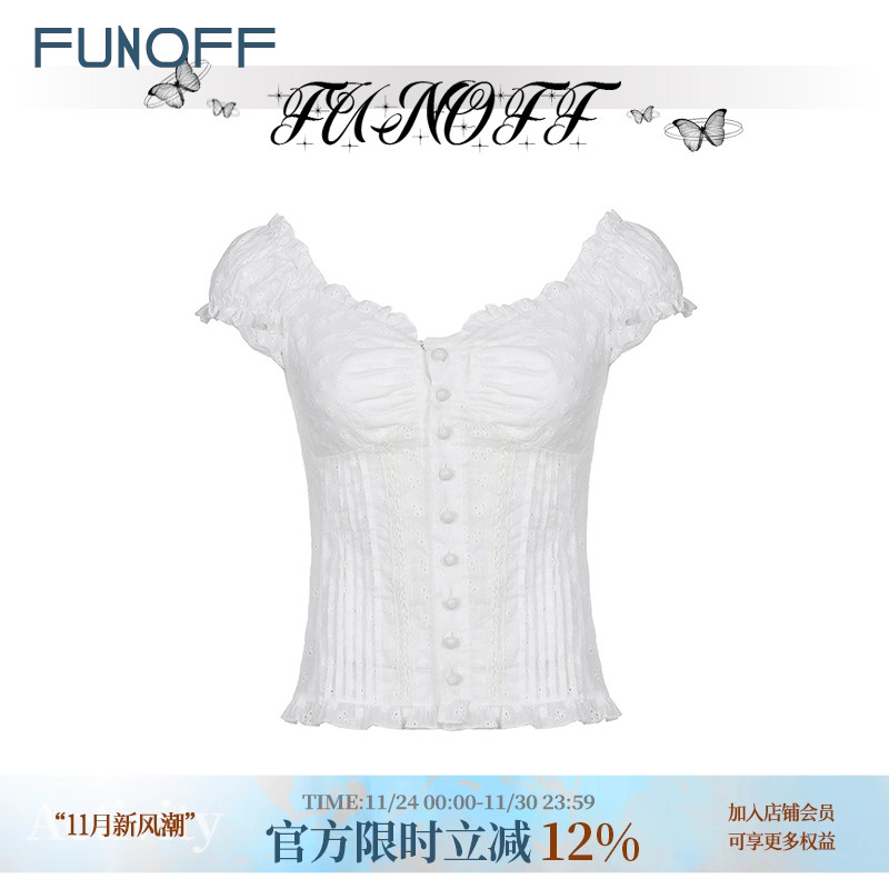 法式复古蕾丝提花褶皱排扣短袖夏