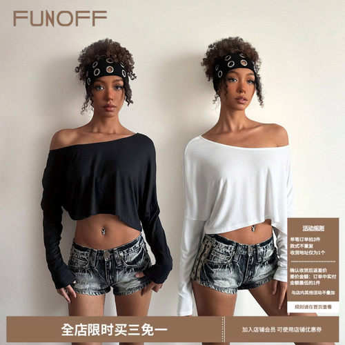 简约黑色圆领斜肩露脐长袖T恤女