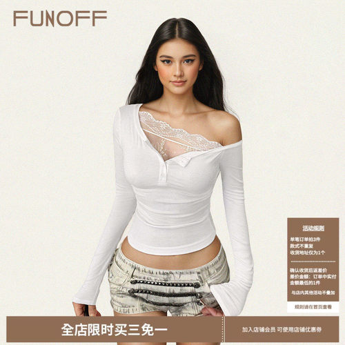 美式复古白色蕾丝斜肩长袖T恤女