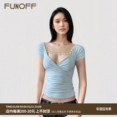 T恤复古性感修身 FUNOFF 复古蓝色串珠交叉V领低胸短袖 收腰上衣夏