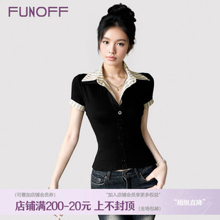 FUNOFF T恤上衣女 学院风黑色条纹假两件POLO领衬衫 海妖风收腰短袖