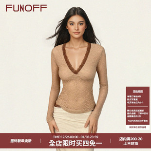 收腰上衣 T恤性感透视修身 FUNOFF法式 复古棕色蕾丝拼接V领低胸长袖
