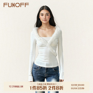 简约修身 打底衫 收腰T恤内搭上衣 复古白色毛领拼接V领长袖 FUNOFF