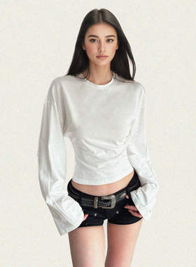 FUNOFF 美式简约白色圆领收腰内搭长袖T恤2025秋基础百搭纯色上衣