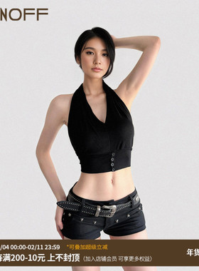 FUNOFF 美式复古黑色V领低胸挂脖背心夏街舞性感收腰露脐吊带上衣