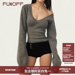 复古灰色V领低胸毛织上衣2025秋性感纯色收腰内搭长袖 FUNOFF 美式