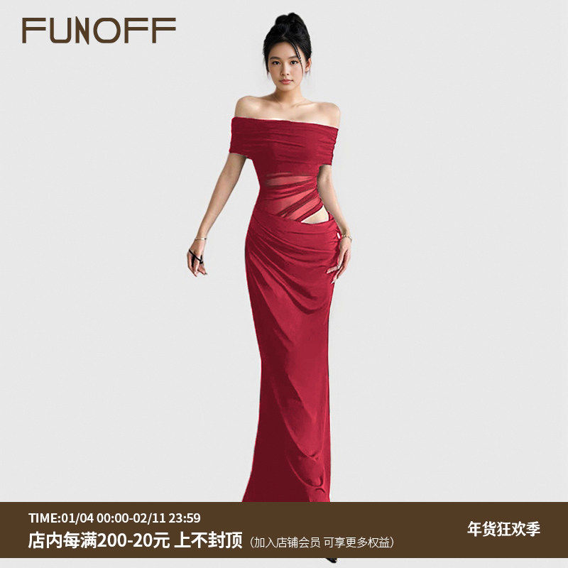 FUNOFF度假一字肩红色网纱假两件鱼尾连衣裙御姐纯色露腰拖地长裙,女装/女士精品,连衣裙,淘宝优惠券,粉丝福利购,淘宝优惠卷