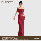 FUNOFF度假一字肩红色网纱假两件鱼尾连衣裙御姐纯色露腰拖地长裙