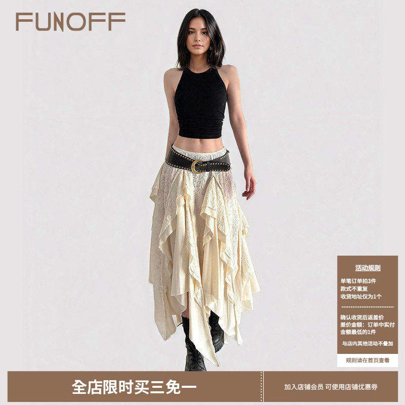 FUNOFF 复古流浪风米白色蕾丝不规则半身裙小众vintage拼接中长裙