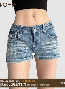 FUNOFF 美式复古蓝色水洗金属低腰牛仔短裤夏百搭休闲多口袋热裤