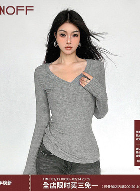 FUNOFF 简约灰色基础V领长袖针织打底衫T恤2025春秋收腰修身上衣