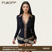 FUNOFF 性感低胸收腰T恤上衣 衬衫 美式 复古黑色豹纹拉链POLO领长袖