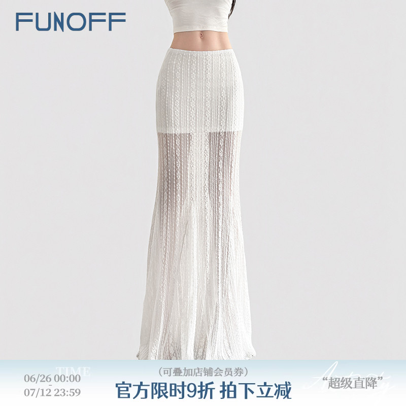 FUNOFF 法式度假风白色蕾丝低腰2025年夏半身裙性感修身鱼尾长裙