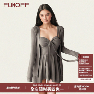 上衣两件套装 FUNOFF 开衫 简约卡其色绑带A字吊带背心宽松长袖 法式