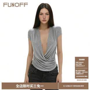 FUNOFF复古简约灰色褶皱V领低胸短袖 收腰上衣 T恤性感轻亚荡领修身