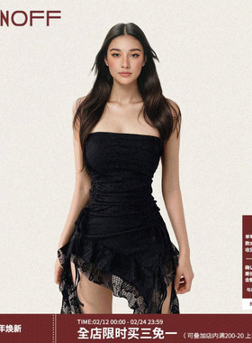 FUNOFF 复古黑色蕾丝不规则抹胸叠穿背心性感收腰飘带连衣超短裙
