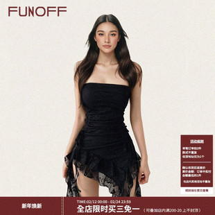 FUNOFF 复古黑色蕾丝不规则抹胸叠穿背心性感收腰飘带连衣超短裙