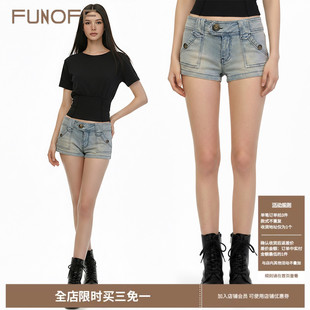 热裤 2026夏街头做旧修身 复古水洗蓝色低腰口袋牛仔短裤 FUNOFF美式
