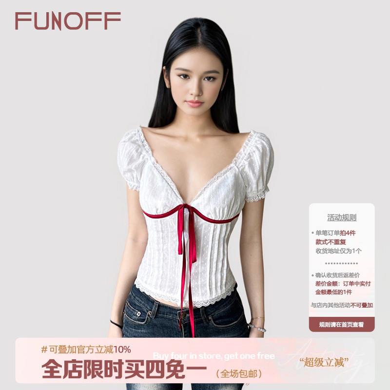 法式bm蝴蝶结V领束腰泡泡短袖T恤