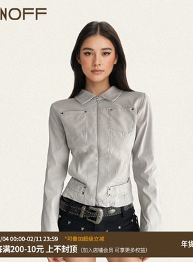 FUNOFF 美式复古灰色多口袋夹克外套2025秋工装风收腰长袖上衣女