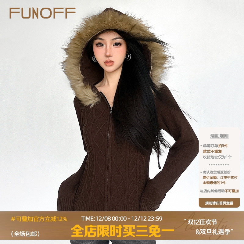 巴恩风棕色麻花针织拉链毛衣外套