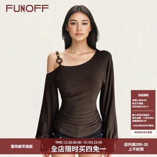 FUNOFF美式 T恤2025秋冬露肩收腰上衣女 复古棕色斜肩串珠灯笼长袖