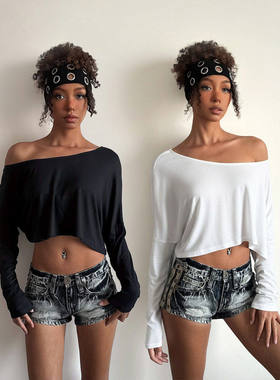 FUNOFF 美式简约黑色圆领斜肩露脐长袖T恤街舞爵士宽松百搭上衣女