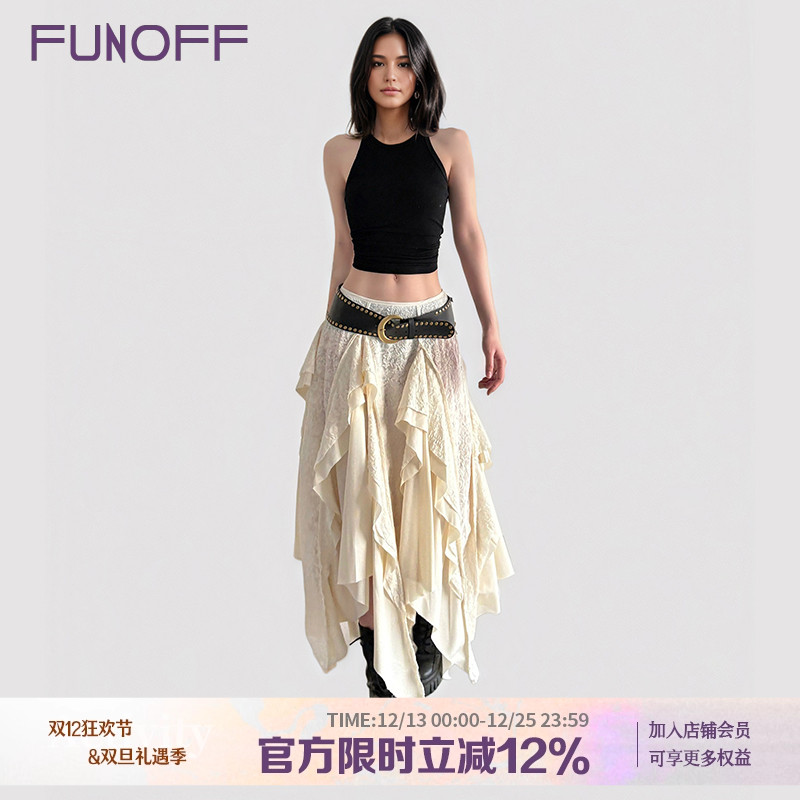 复古流浪风米色蕾丝不规则半身裙